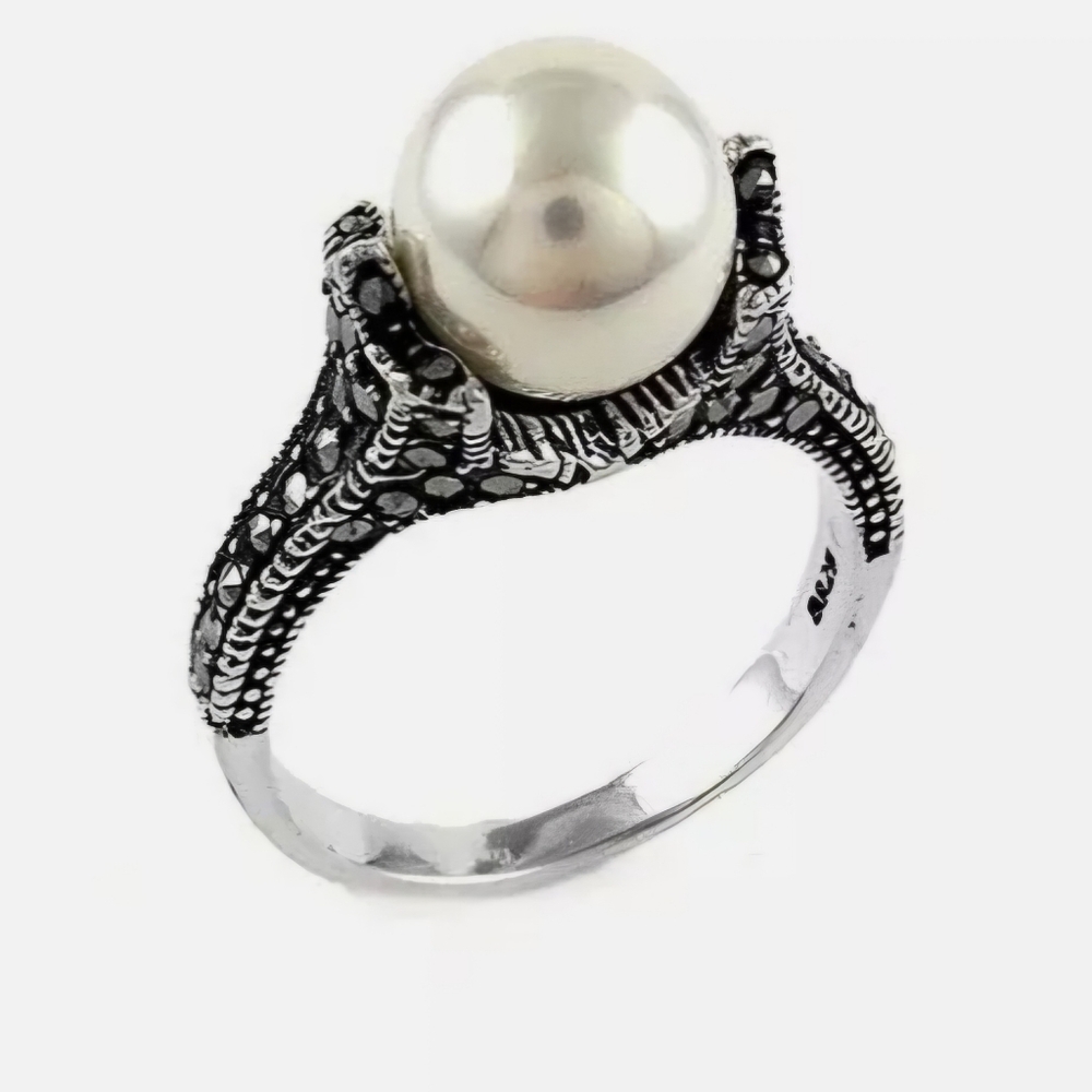 925 Sterling Silver Genuine Marcasite and Freshwater Pearl Ring - Size 9